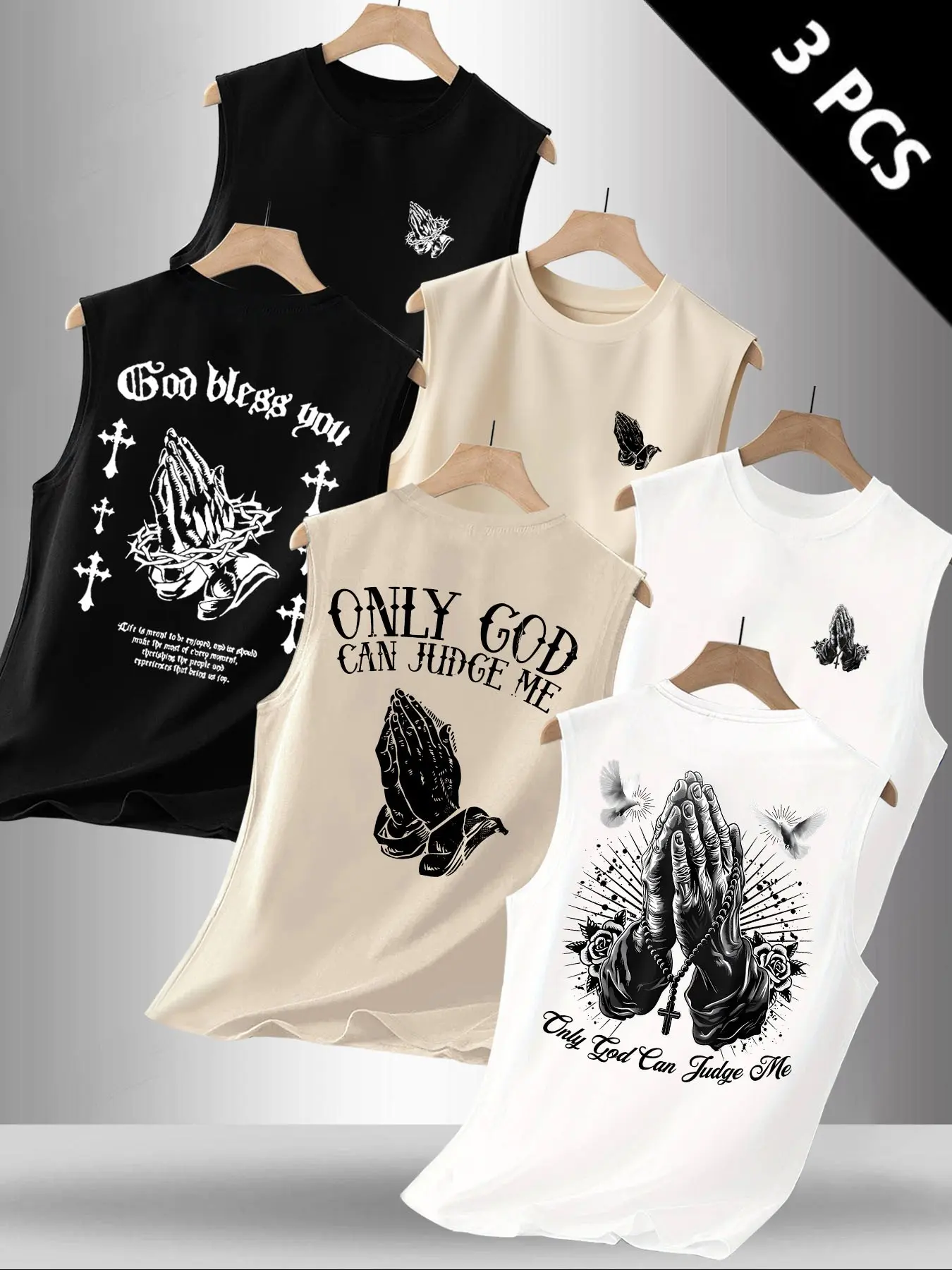 Men's 3-Pack Christian Faith Graphic Sleeveless Printed Tank Tops, Fitness Tank Top, Workout Tanks, Praying Hands & Cross Print Casual Workout Vests, Streetwear Daily Tops, Menswear #ChristianApparel #FaithWear #MensGymWear #Streetwear #TikTokMadeMeBuyIt