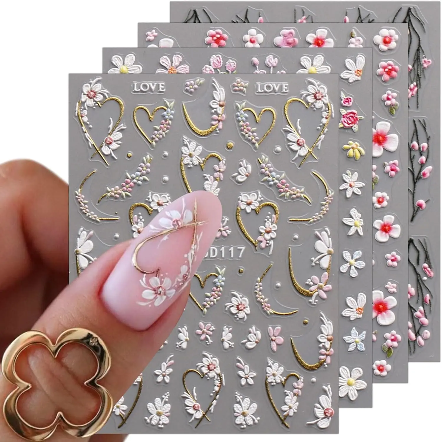 3D Embossed Flower Nail Art Stickers Decals Self-Adhesive 5D Spring Summer Floral Nail Supplies Nail Art Design Decoration Accessories 4 Sheets