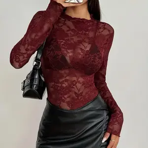 Burgundy Floral Mesh Top