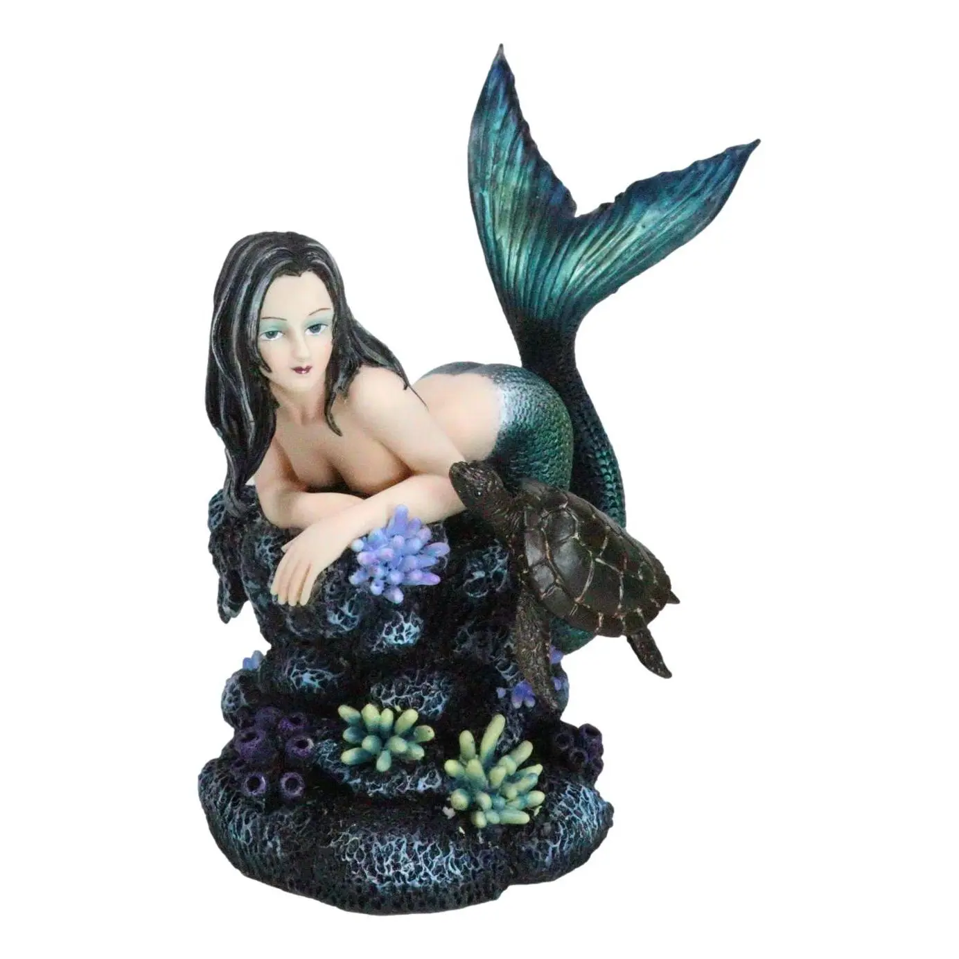 Siren Mermaid Figurine with Iridescent Tail, Turtle Companion, Coral Rocks Base - Home Decor Sculpture