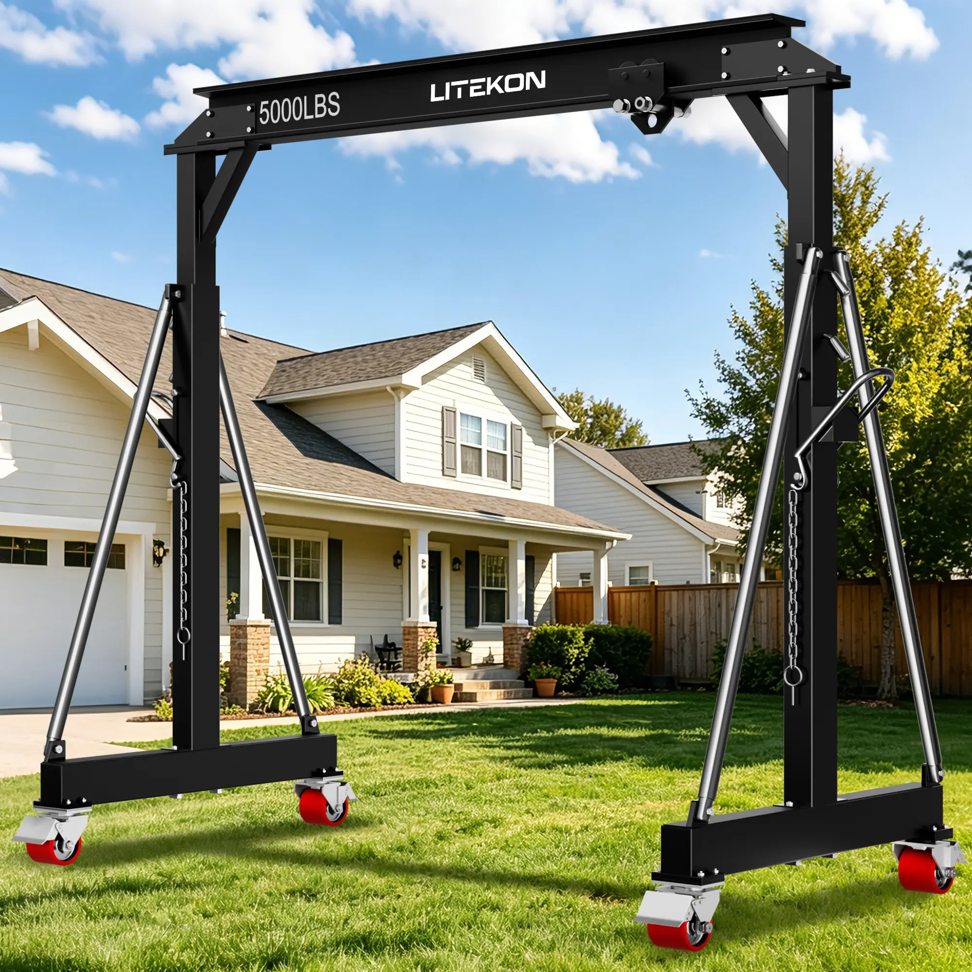 5000 LBS Adjustable Gantry Crane with Casters, Portable Mobile Steel Gantry Hoist, Height Width Adjustable Shop Lifting Frame for Garage Workshop Engine Lifting Equipment