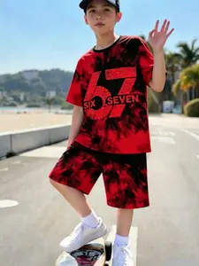 Boy American Street Style Tie Dye Number Print Short Sleeve Shorts Set, Casual All over Print Suit, Fitted Without Button Collar Zipper, Summer Clothing Set