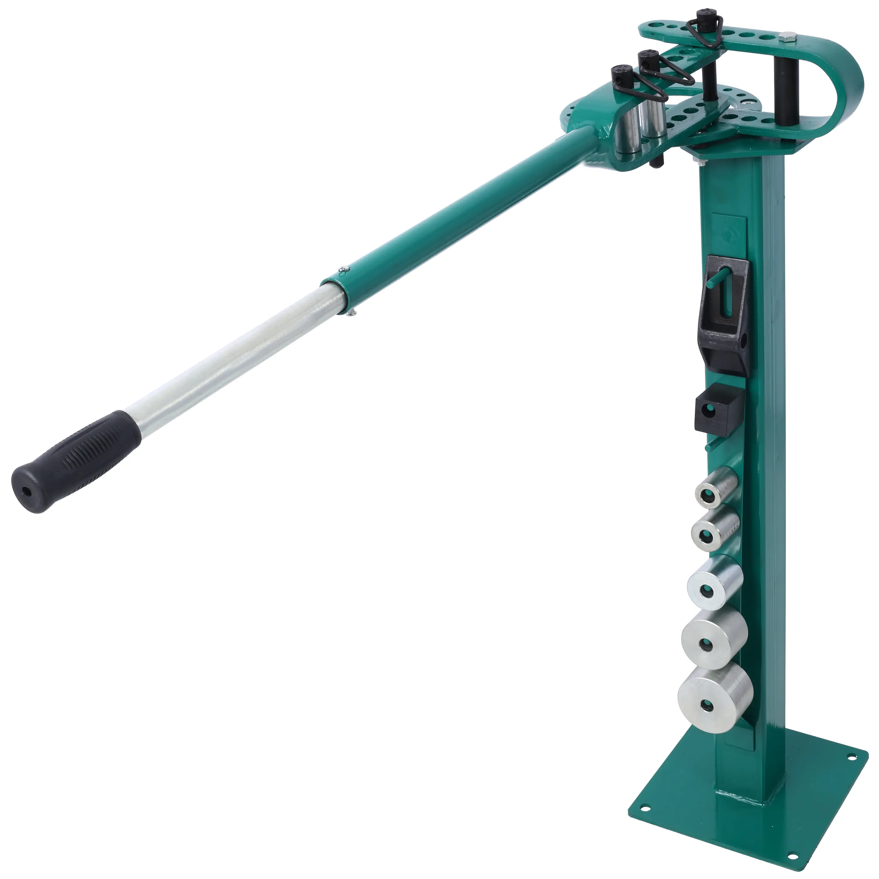 Compact Steel Pedestal Floor Bender, 7-Die Hand Metal Bending Tool with 44' Mount, Powdercoated Finish, Telescopic Grip, Flat/Square/Round Compatibility, Max 5/8" Thick & 1-15/16" Wide Metal Tubing Capacity, Wrought Iron, 1-Inch To 3-Inch, 33" Stand, 7 Ro