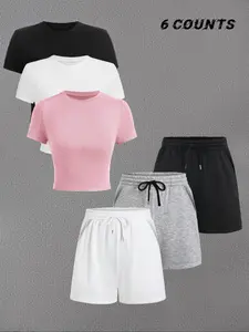 Women's Solid Short Tee & Wide Leg Shorts Set, Basic Casual Minimalist Round Neck Short Sleeve T-shirt & Drawstring Waist Shorts, Ladies Summer Clothes