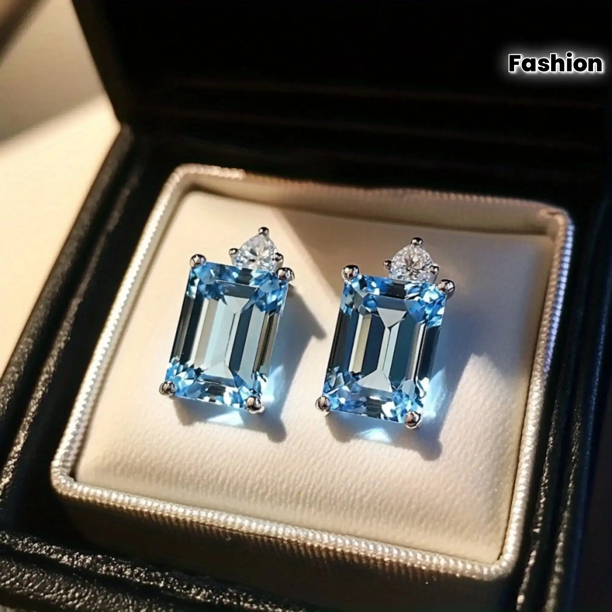 Women's Elegant Square Stud Earrings - S925 Real Silver Earrings with Sparkling Blue Cubic Zirconia, Female Party & Holiday Gifts