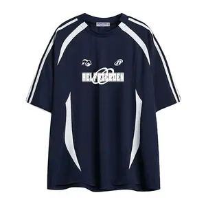 AELFRIC EDEN Unisex Contrast Color Stripe Racing Tee Navy Blue Sporty Design 100% Polyester Summer Sports Sweatshirt