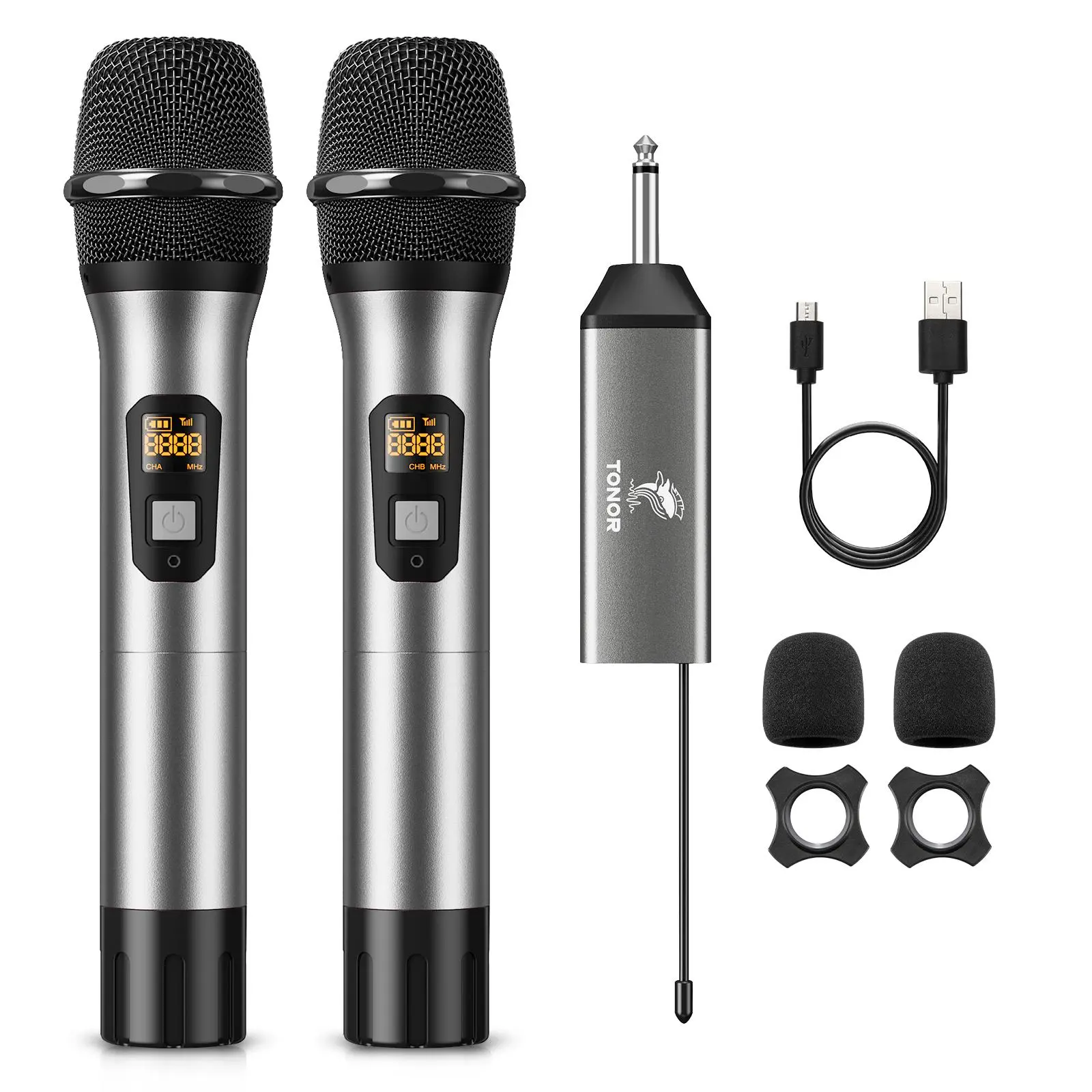 TONOR Wireless Microphone TW630, UHF Dual Cordless Metal Dynamic Mic System, 200ft Range, 15 Channels, Rechargeable Receiver, USB Charging