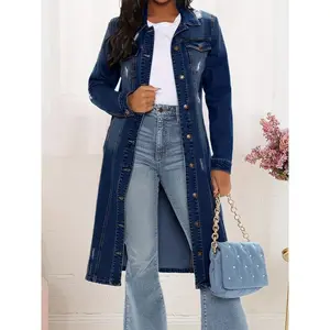 Women's Fashion Spring Button Down Long Denim Jacket Trench Coat Womenswear Tops Comfort Outerwear Solid Zipper Front Fitted