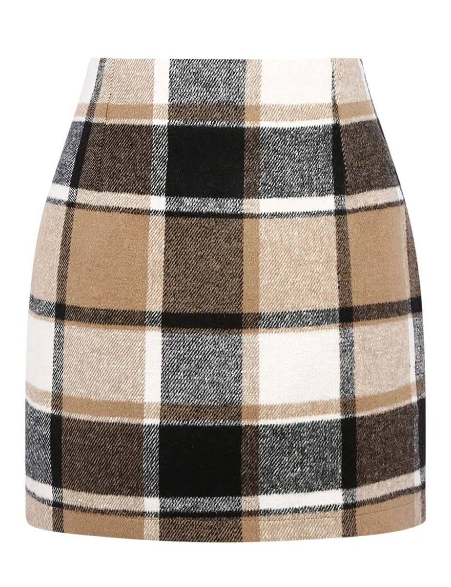 IDEALSANXUN Womens High Waist Plaid Skirt Bodycon Wool Mini Skirts for Women Holiday Skirts Trendy Tweed Skirt Short Tartan Woolen Skirt Cute Outfits Party Business Casual Outfits Winter Flannel Skirt