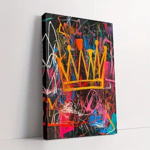 1 Piece Basquiat Colorful Vertical Wall Art Frame Canvas Painting - Crown with Messy Lines, Graffiti Text, and Vibrant La - Suitable for Elegant Home Decoration in Living Room and Bathroom, Christmas, New Year, Holiday Party, Spring and Summer Decoration