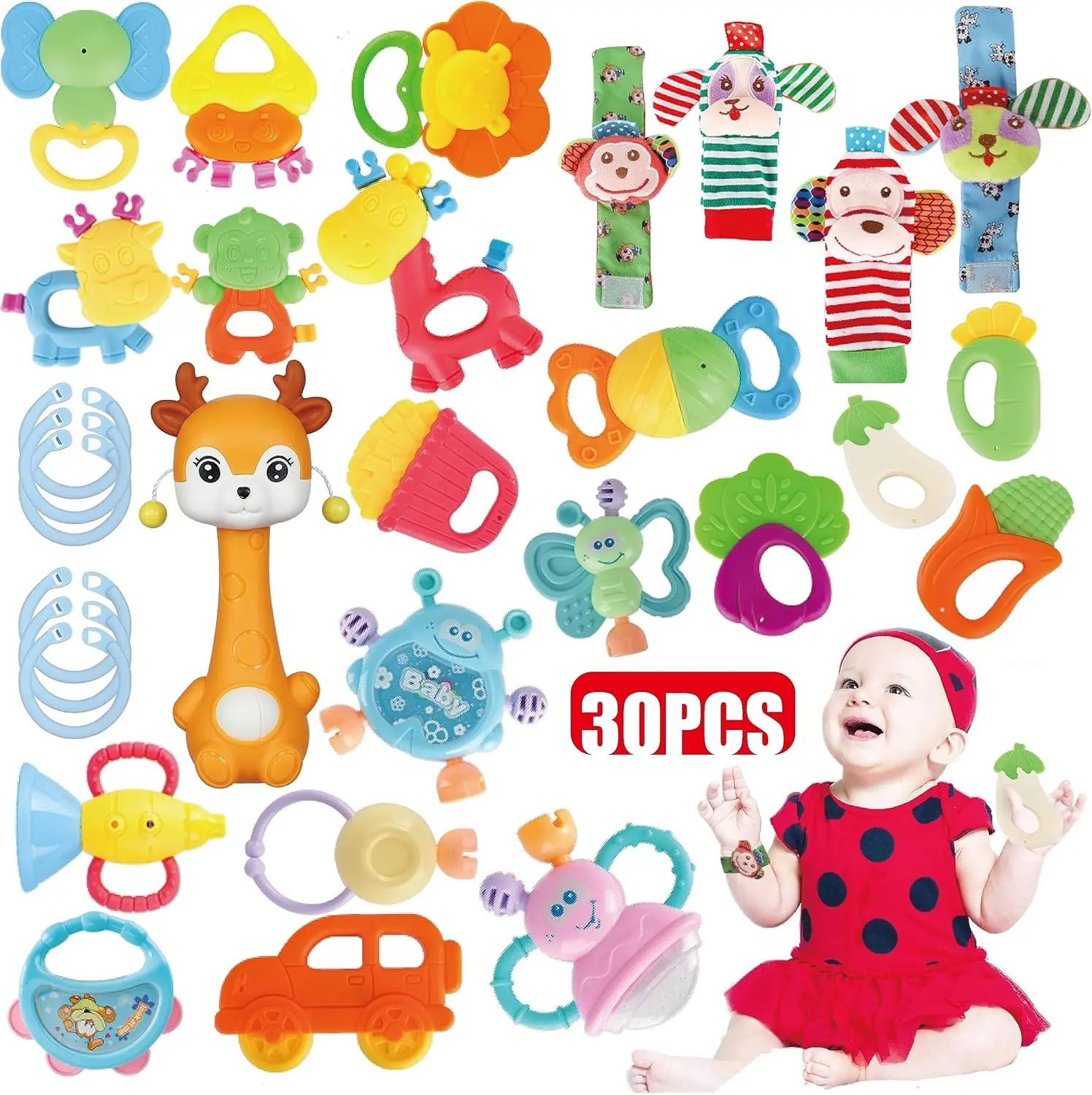 30-Piece High-Contrast Baby Toy Gift Set - Rattles, Teething Toys, Wrist Socks - Suitable for 6-Month-Old Infants - Unisex Party Gift, Toy Set