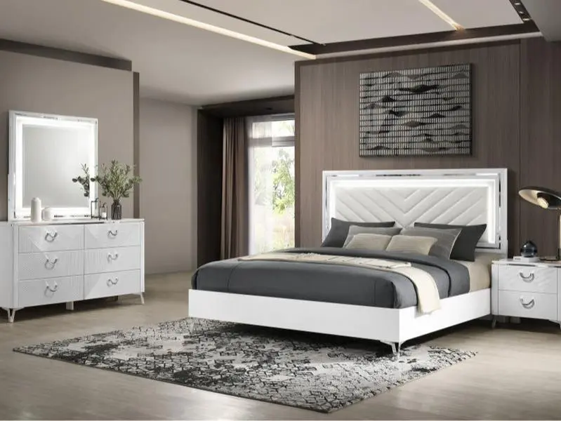 Coaster 215791Q-S4 4-Pc Cassia Queen Size Contemporary Bedroom Furniture Set, High-Gloss White Wood, Upholstered Headboard, LED Lighting, Indoor Furniture for Bedroom Decor, Bedroom Furniture Sets