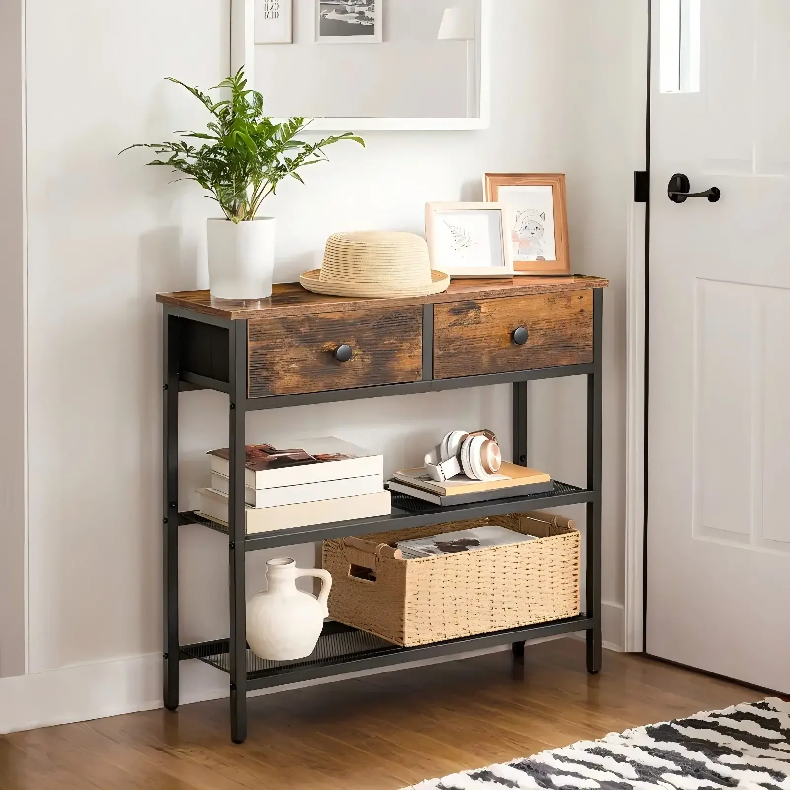 29.5-inch narrow console table with 2 fabric drawers, sofa table, small foyer table, with 3 layers of storage shelves, can be placed behind the sofa, suitable for living rooms and corridors, retro brown black color