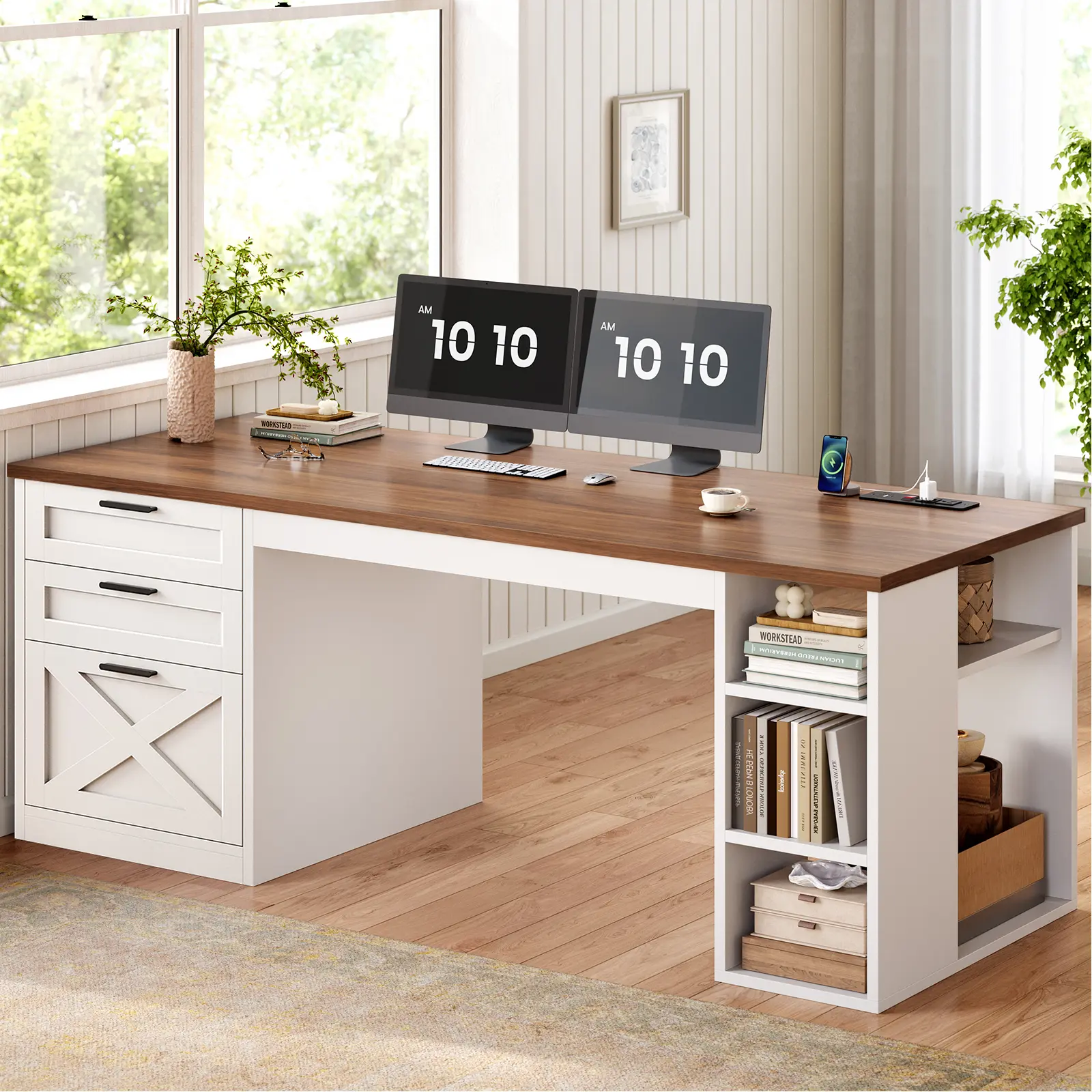 Sedeta 55.1" Modern Farmhouse Adjustable Corner Executive Desk - Commercial Office Furniture, Furniture-Style Computer Workstations, Multi-Drawer Computer Workstations with Storage Shelves, Power Outlet for Home Use