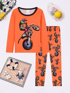 Boys Round Neck Long Sleeve Pajama Set, Sleepwear, Digital Print Motorcycle Pattern, Casual Comfortable Fitted Homewear, All Seasons