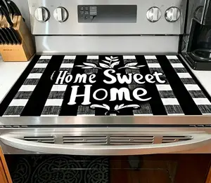 1pc 2D Flat Vintage "Home Sweet Home" Rubber Stove Protector - Heat Resistant, Scratch Proof, Black & White Checkered with Floral Design, Perfect for Farmhouse & Country Style Kitchens, Kitchen Decor |   Checkered Pattern