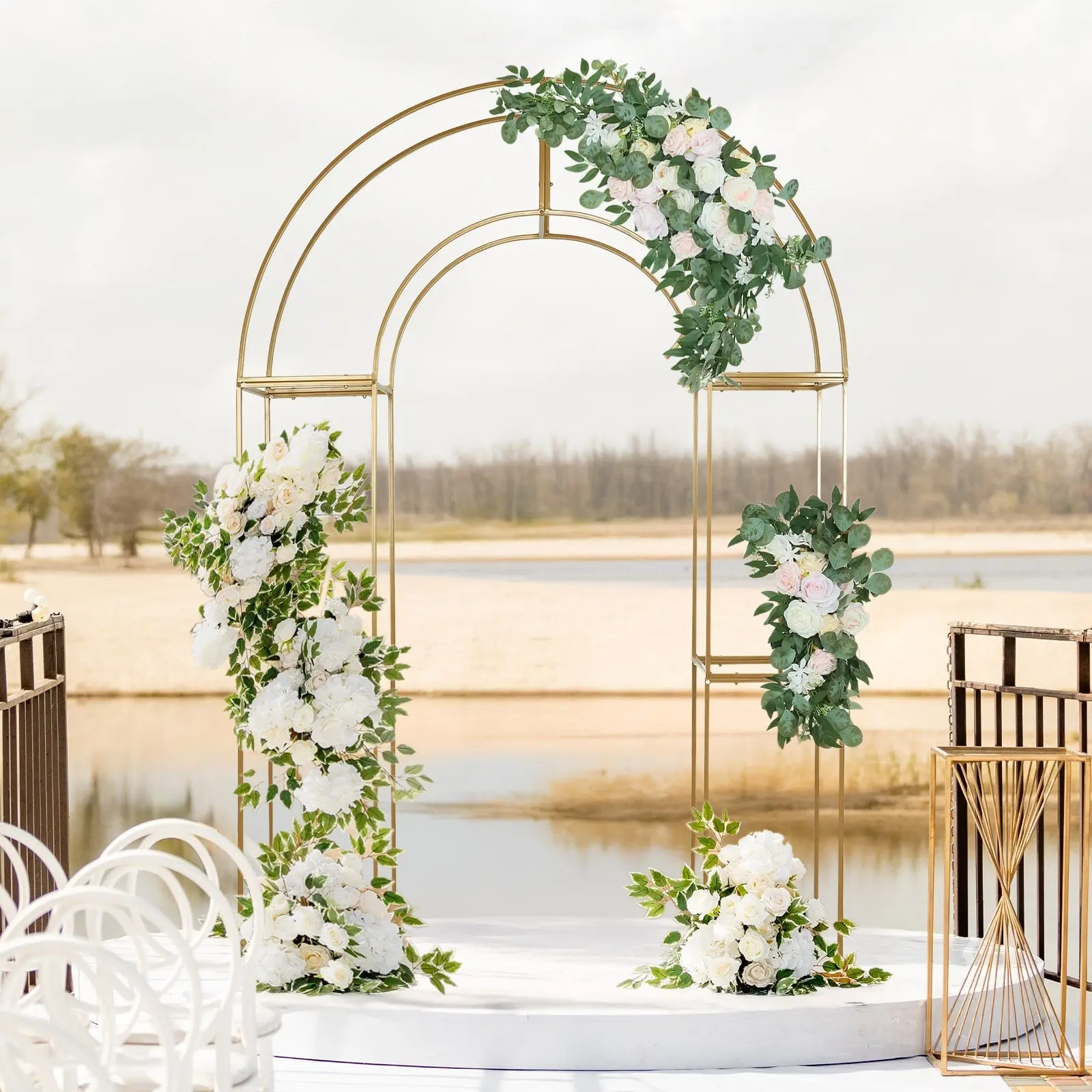 7.5ft 3D Gold Metal Round Top Wedding Arch Backdrop Stand - Heavy-Duty Floral Frame with LED Lights, Easy Flower Fixing for Birthday, Anniversary Decorations