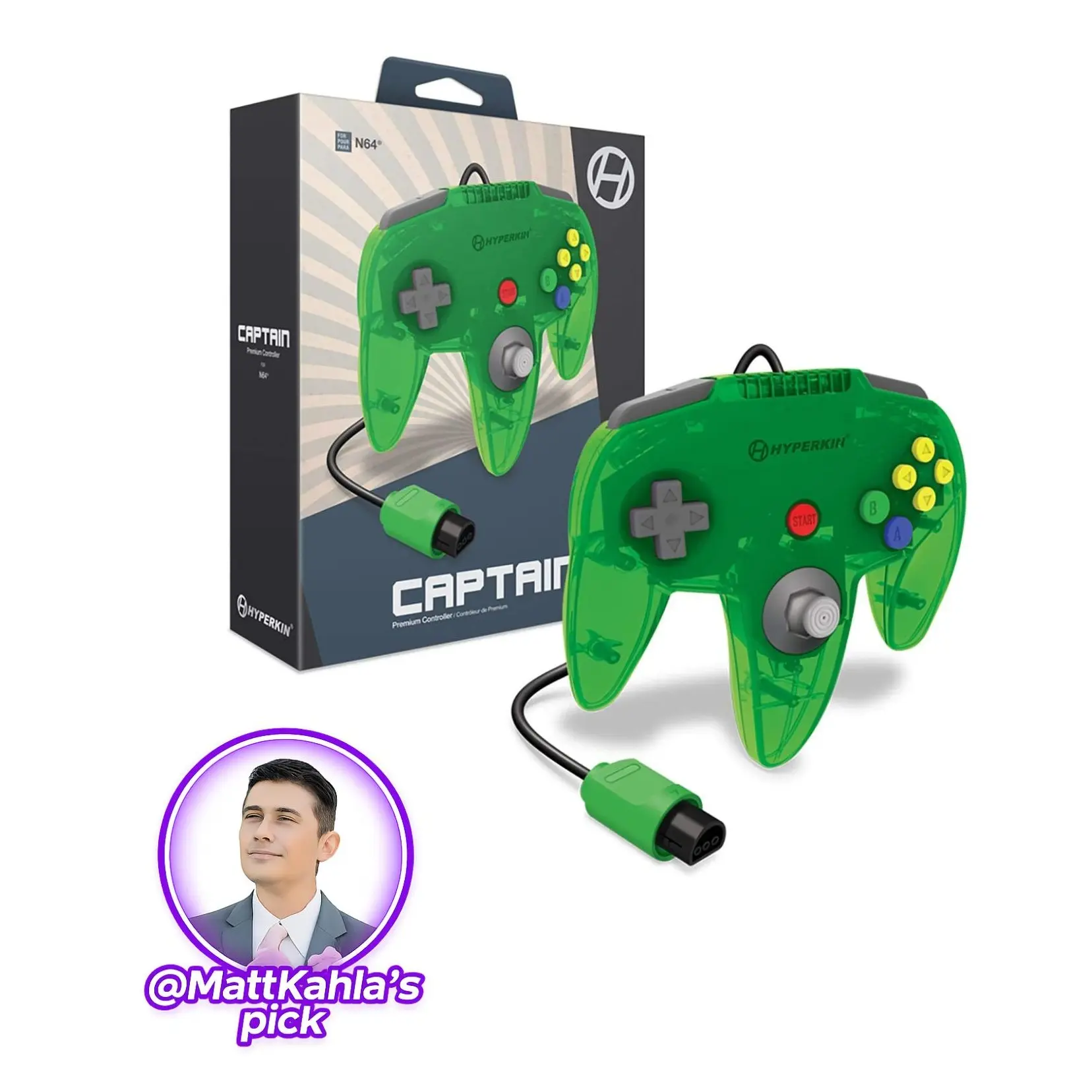Hyperkin Captain Premium Wired Controller for Nintendo 64 – Ergonomic Design, 10 ft Cable, Memory Card Compatible - Lime Green