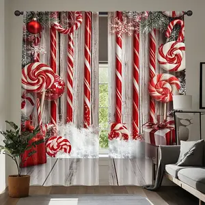 2-Piece, holiday candy curtains - red and white striped design, with lollipops and frosting, rod pocket design, suitable for living room bedroom kitchen home decoration, Christmas decoration, festive atmosphere embellishment, Window Decorations Supplies