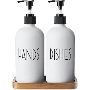 Dish Soap Dispenser Set for Kitchen - 16 OZ Hand Soap Dispenser with Pump and Acacia Wood Tray - for White Kitchen Decor and Accessories