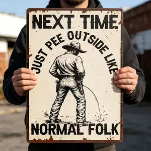 12x16 Inch Aluminum Metal Sign, Funny Cowboy Bathroom Wall Decor - "Next Time Just Pee Outside Like Normal Folk" Vintage Western Humor Restroom Sign