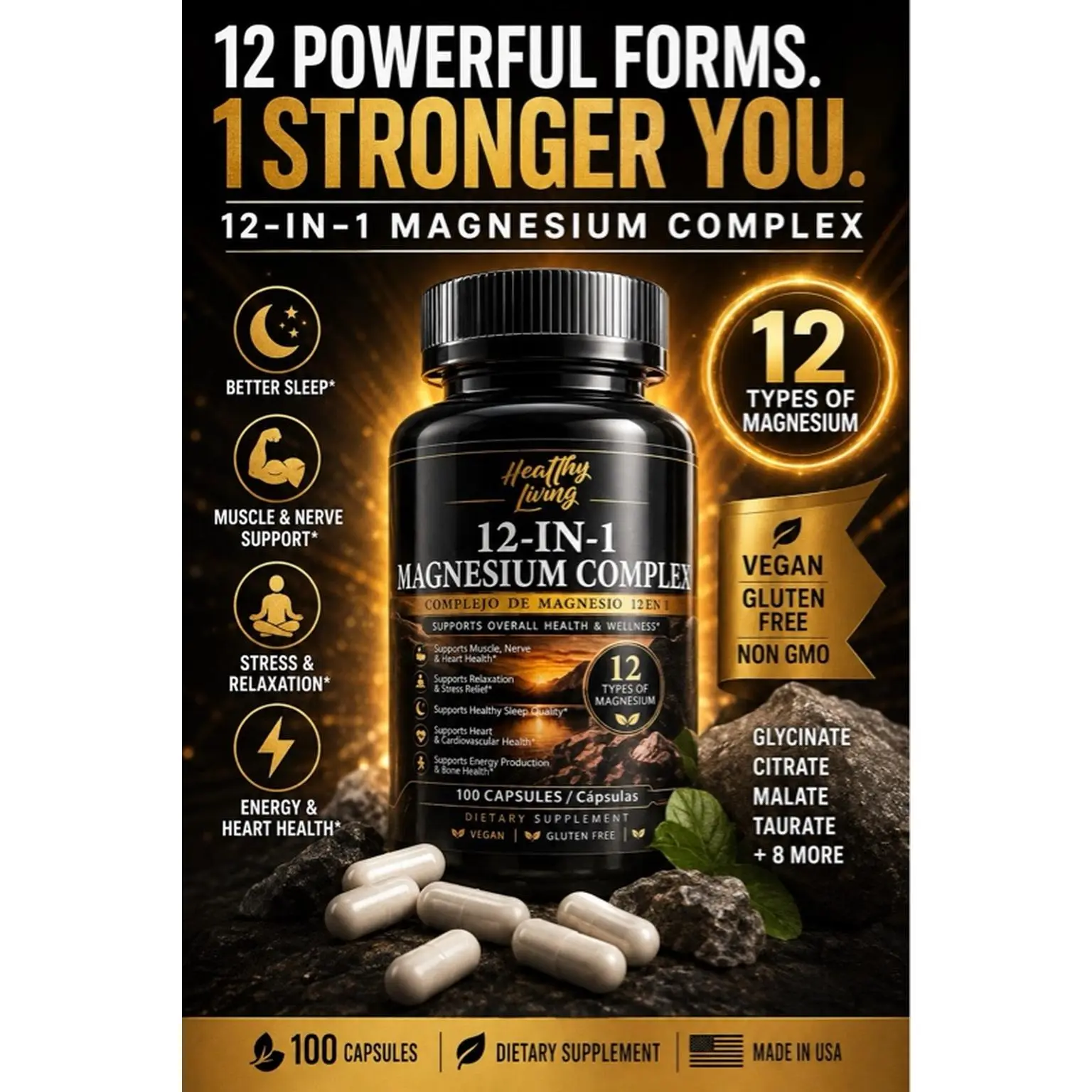 Healthy Living 12-in-1 Magnesium Complex 100 Capsules Vegan Gluten Free Non GMO 12 Types of Magnesium for Better Sleep Muscle Nerve Support Stress Relaxation Energy Heart Health
