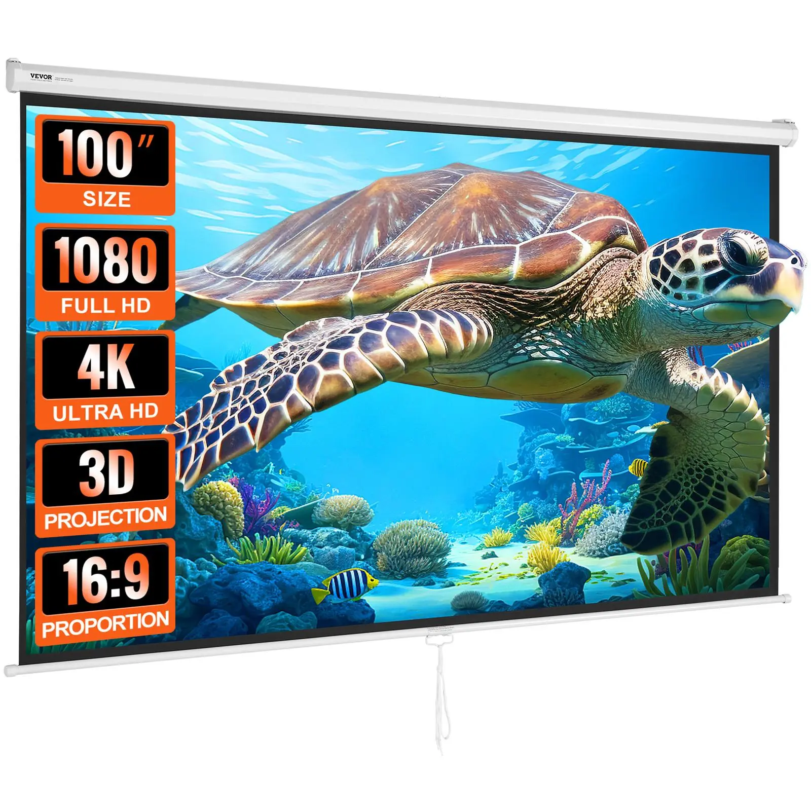 VEVOR Manual Projector Screen,  100 inch 16:9 4K 1080 HD Retractable Pull Down Projector Screen, Auto-Locking Portable Movie Screen for Family Home Office Theater Audio Automatic