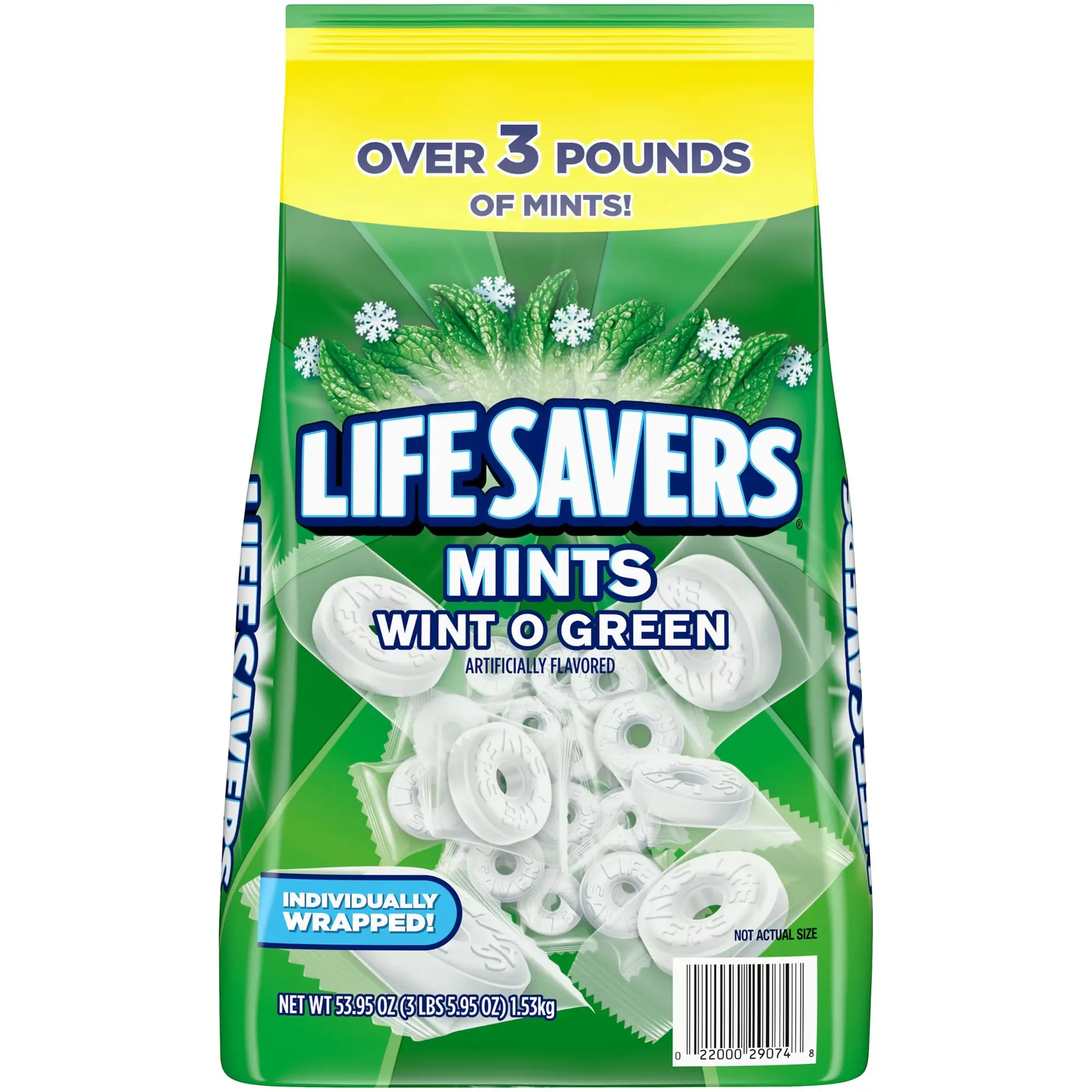 Wint-O-Green Hard Breath Mints Snack, Individually Wrapped Wintergreen Flavor, 53.95 oz Bulk Candy Bag