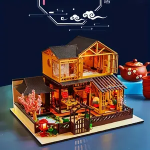 DIY Sakura House Model Kit, Wooden DIY Kit, 3D Building Puzzle Set for Collecting, Home Decor Creative Handmade Art, Perfect Gift for Friends and Family, Wooden House Kit Adults