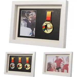 Medal Display Shadow Box Picture Frame - 3 Medals Display Case - 3 in 1 Multifunctional Sport Medal Display Frame Perfect for Marathon Runner, Military Awards, Triathlons, White A4