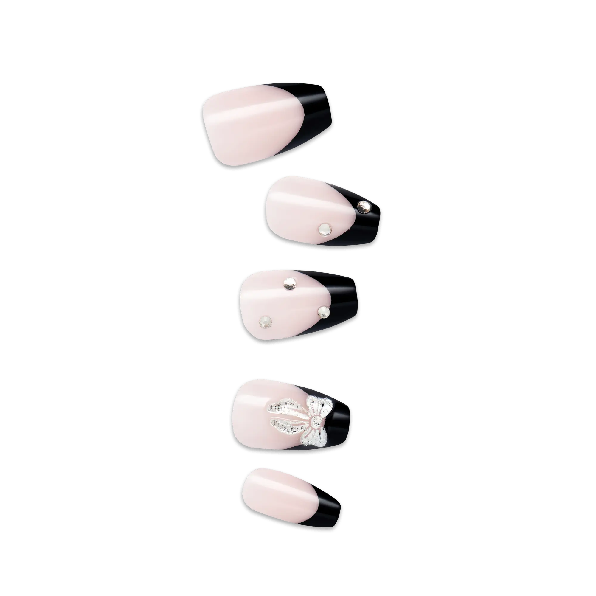 Impress Design No Glue Fake Press On Nails - By The River | 3D & Jewel French, Black, Medium, Coffin, Manicure