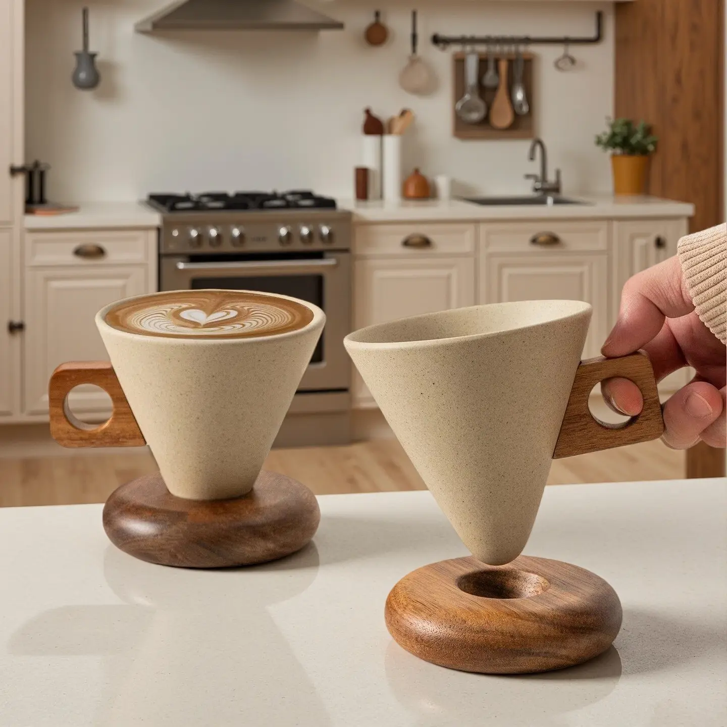 250ml Ceramic Curve-Shaped Coffee Mug with Wooden Handle, Non-Toxic Ceramic Coffee Mug, Cafe-Style Drinkware for Home Kitchen Use, Coffee Mugs, Ceramic Mugs