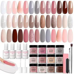 31 Pcs Dip Powder Nail Kit 20 Glitter Nude Brown Pink White Gray Dip Powder Liquid Set with Top/Base Coat Activator for French Nails Art Manicure
