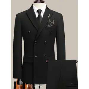 Men'S Beige Double-Breasted Suit with Peaked Lapels - Formal Business & Wedding Attire, Non-Stretch Polyester Blend, Jacket Four Buttons, Matching Pants, Attire|Classic Fit|Polyester Blend Menswear Sleeve Set Top