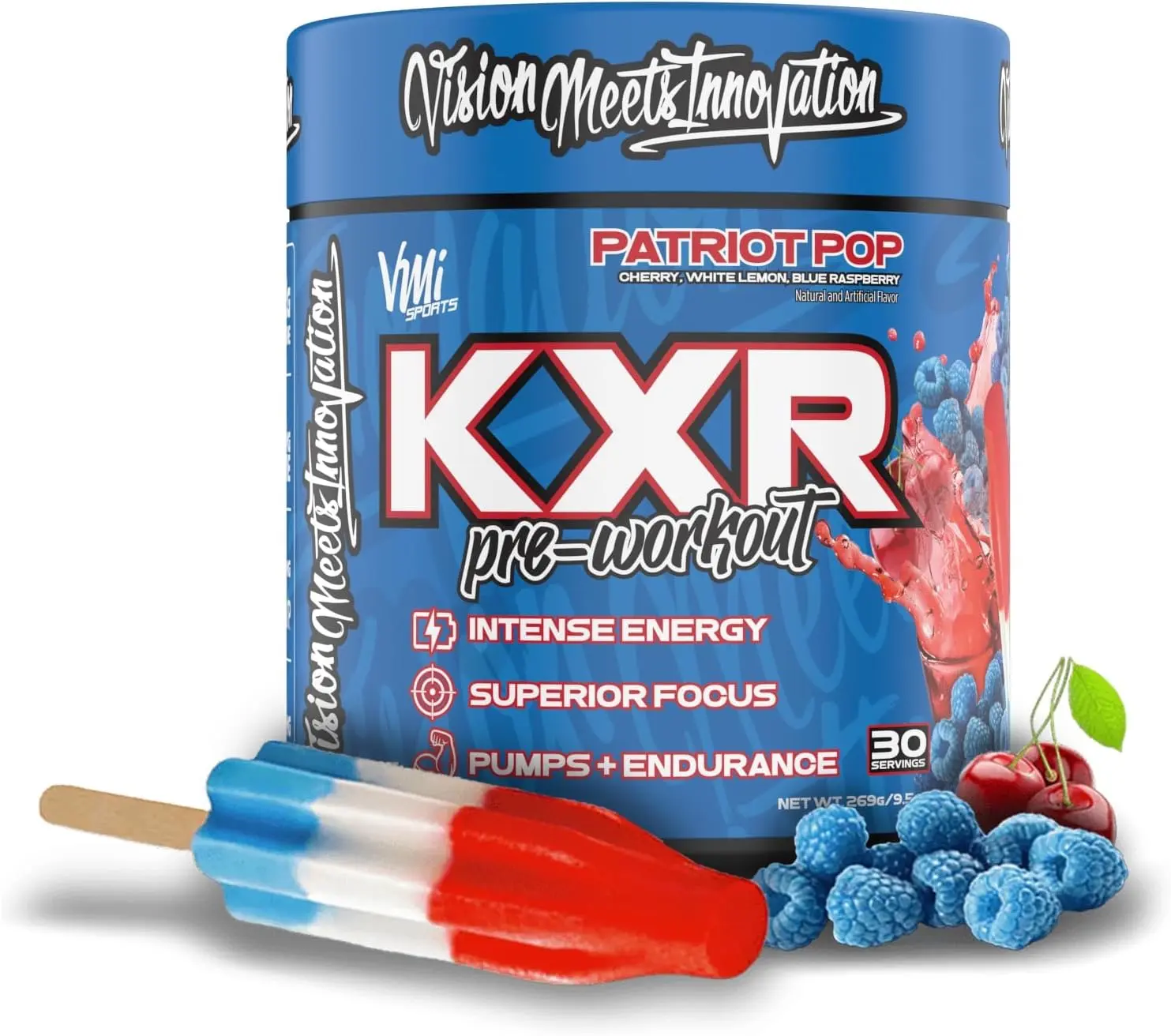 VMI Sports KXR High Caffeine Edible Pre-Workout Patriot Pop Powder Mix - Dietary Energy Boost Fitness Supplement, 30 Servings, 269g, Prop 65 Safe