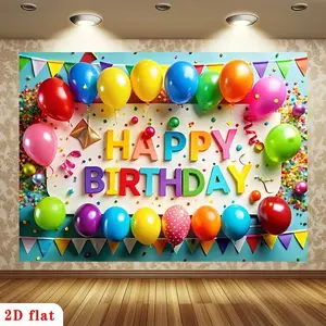 Happy Birthday Banner Party Decoration, Colorful Balloon Letters Confetti Flag, Light Blue Polyester Background Cloth
