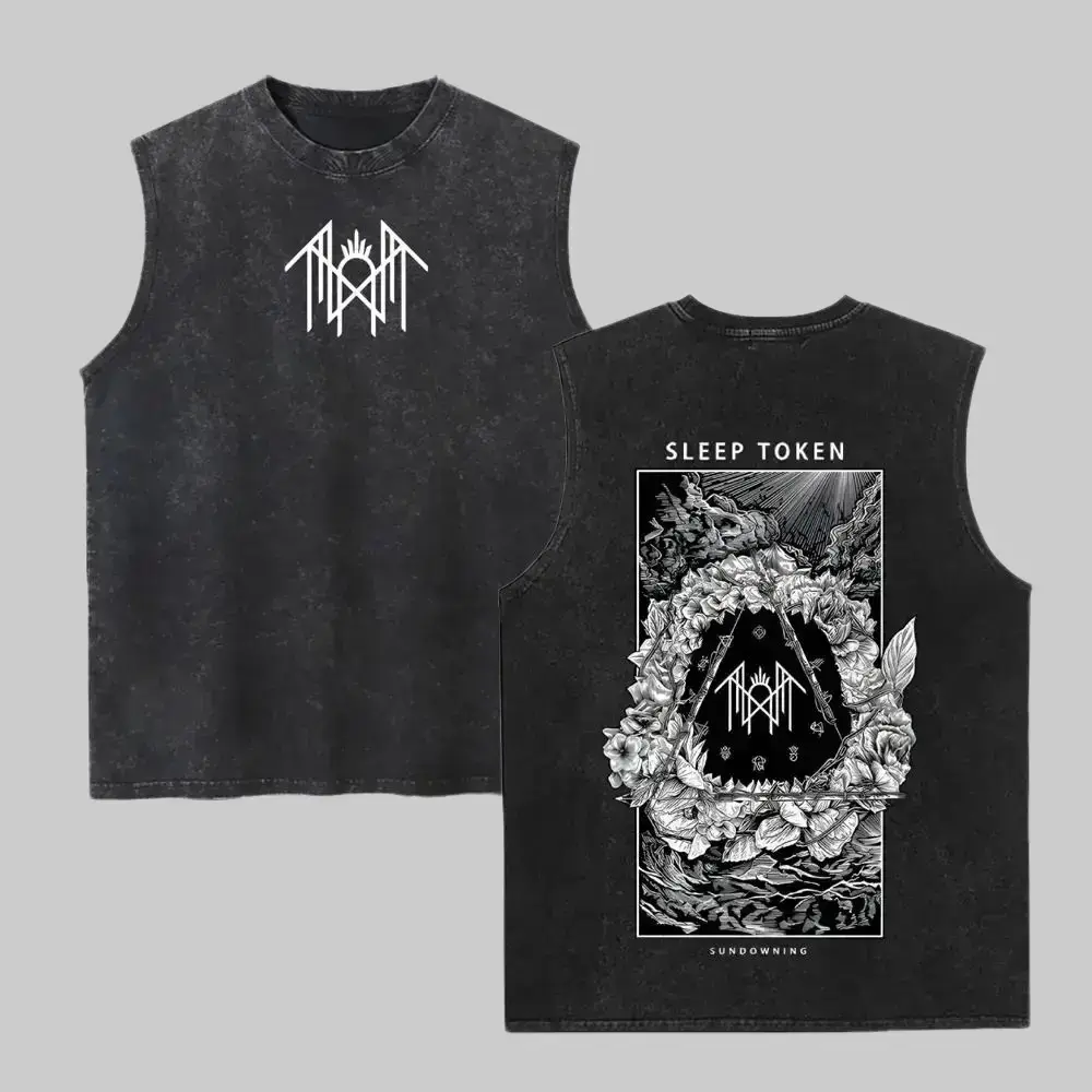 Retro Stonewash Alternative Metal Sleeveless T-Shirt | Sleep Token Back Print Graphic Vest for Men Women | Dark Gothic Aesthetic Muscle Top | Summer Gym Wear