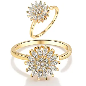 Fidget Ring Sunflower Ring for Women Gold Anxiety Crystal Rings Cubic Zirconia Sunflower Ring Open Adjustable Fidget Ring Spinner Sun Ring for Men Trendy Jewelry