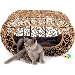 Fun Stackable Cat Condo for Indoor Cats – Faux Rattan Cat House with Cushion, Scratch Pad, and Catnip