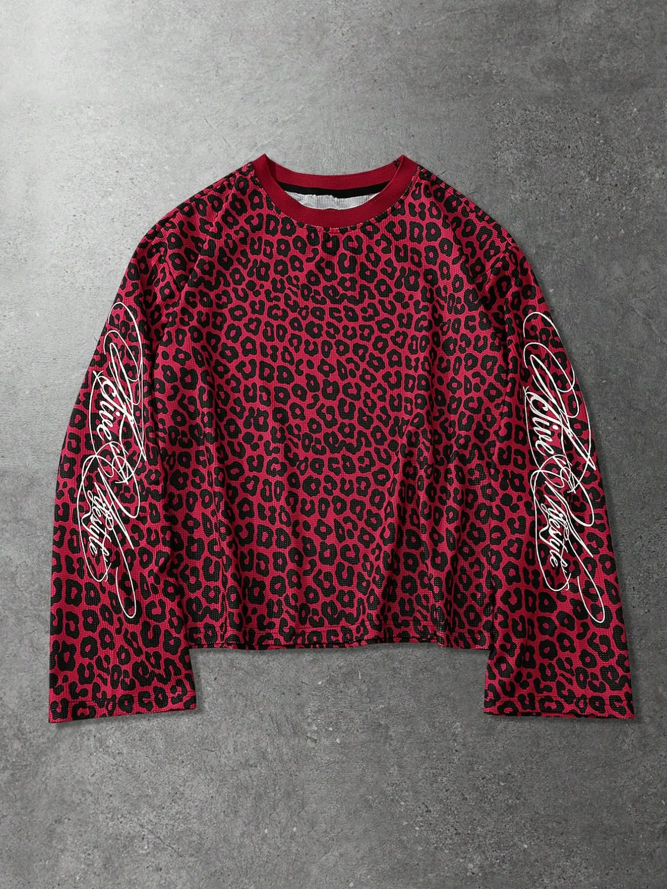 Oversized Red Leopard Print Long Sleeve T-shirt Tops, Vintage Gothic Font Sleeve Print Crewneck Sweatshirt, Soft Comfortable Y2K Aesthetic Casual Cropped Pullover, Perfect for Autumn Winter Daily Streetwear