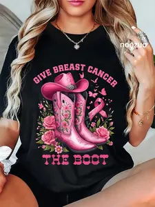 100% Cotton Unisex Give Breast Cancer The Boot Cowgirl Cancer Awareness Ribbon T-Shirt Casual Top