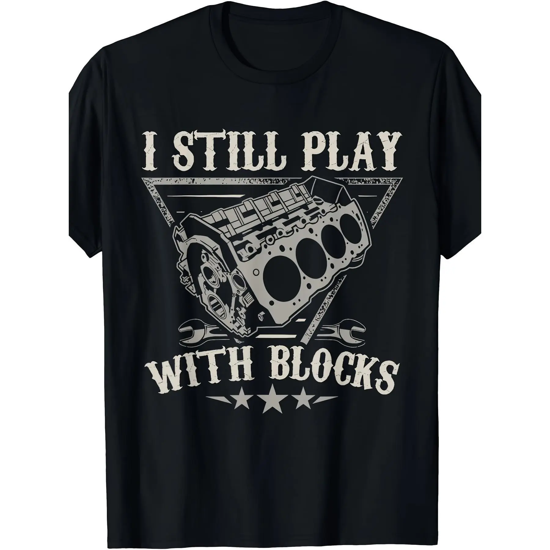 Men's "I Still Play With Blocks" Graphic Short-Sleeve Casual Streetwear Car Mechanic Motor Engine Top, Grey/Green, Shortsleeve