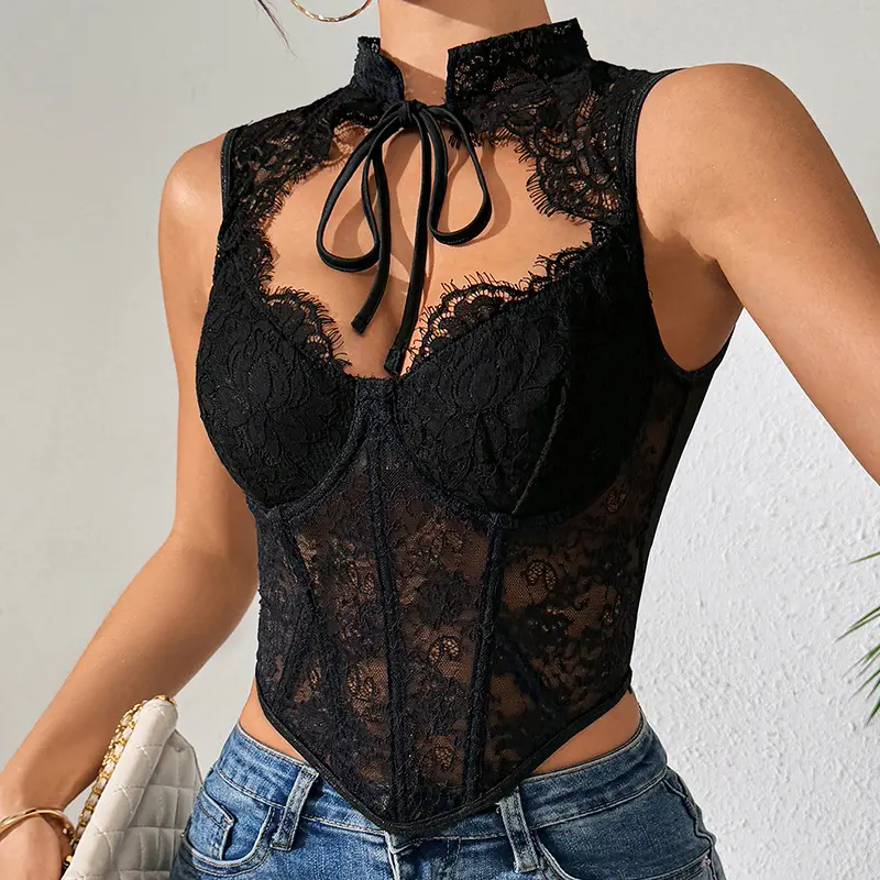 ChicCurve Women's Sexy Floral Lace Corset Bustier Top, Sheer Mock Neck Tie-Front Boned Crop Top, Elegant Bust Push Up Sleeveless Camisole for Party & Clubwear