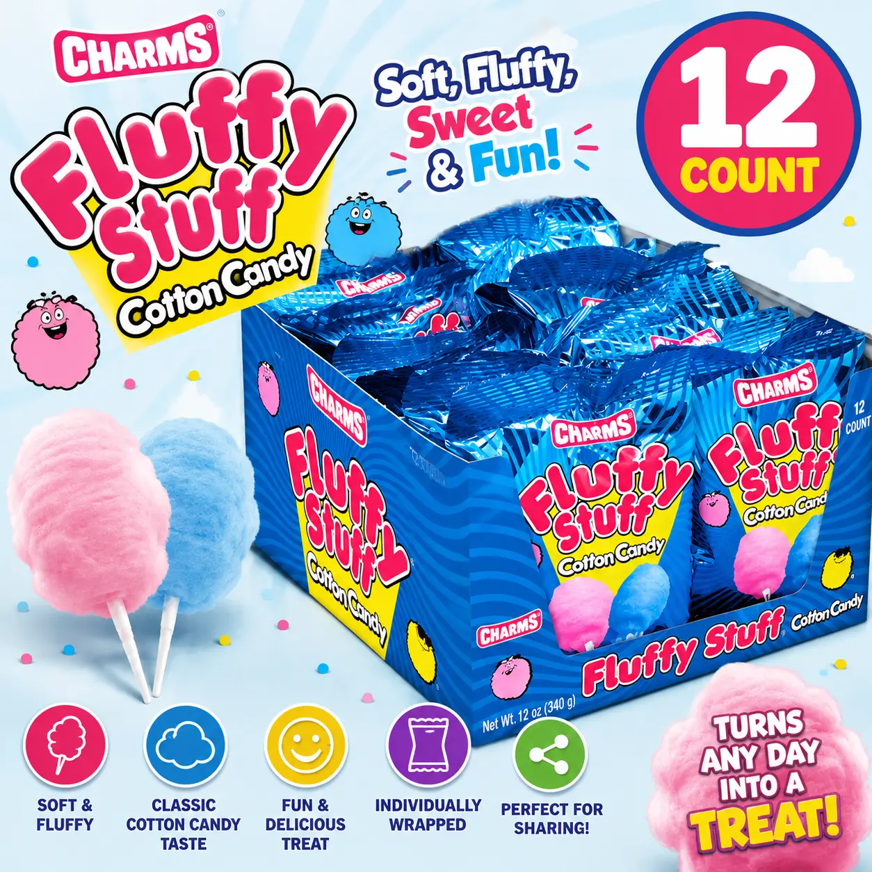 Charms Fluffy Stuff Cotton Candy 1 oz 12 Count  Classic Carnival Cotton Candy | Soft & Fluffy Sweet Treats for Parties & Snacking