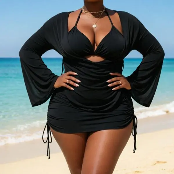 Plus Size 3-Piece Swimsuit, Solid Halter Bikini and Bell Sleeve Cover Up Set, Stretch Beach Outfits, Bathing Suits, Swimsuits, Halter Neck, Curvy Women Plus Size, Halter Neck Swimsuit, Plus Size Swimsuits