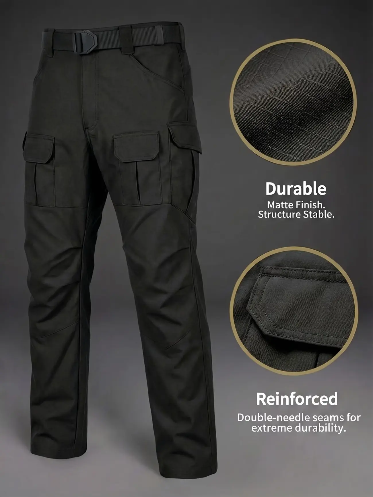 Men’s tactical cargo pants with side storage pockets, straight-leg design—durable functional workwear for outdoor hiking, construction sites, and wear resistance