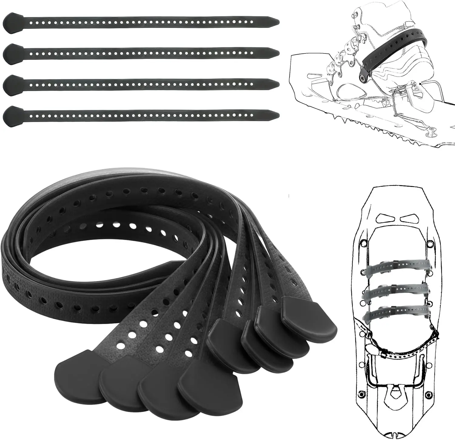 18" Classic Snowshoe Strap Kit Black Skiing Boot Wraps Ties Adjustable Snowshoes Replacement Straps for Skiing
