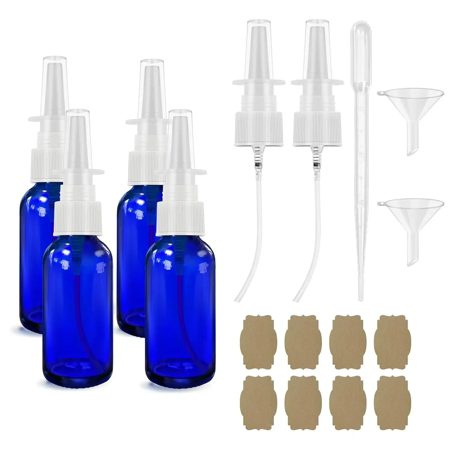 Empty Spray Bottles 30ml (1oz) Reusable Glass Nasal Bottle with Stainless Steel Press Head, UV Protection, Refillable Spray Containers, Funnel, Dropper, Label, Portable Fine Mist for Personal Care, Reusable Glass Bottle