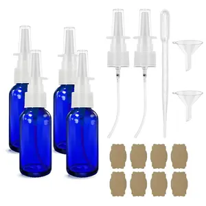 Empty Spray Bottles 30ml (1oz) Reusable Glass Nasal Bottle with Press Head, UV Protection, Refillable Containers, Funnel, Dropper, Label, Portable Fine Mist for Personal Care
