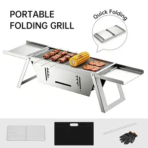 Portable Folding Grill, Adjustable Charcoal Tray, Multi-Level Heat, Stainless Steel, Quick-Fold, Ideal for Camping, Picnics, Travel, Backyard Bbqs